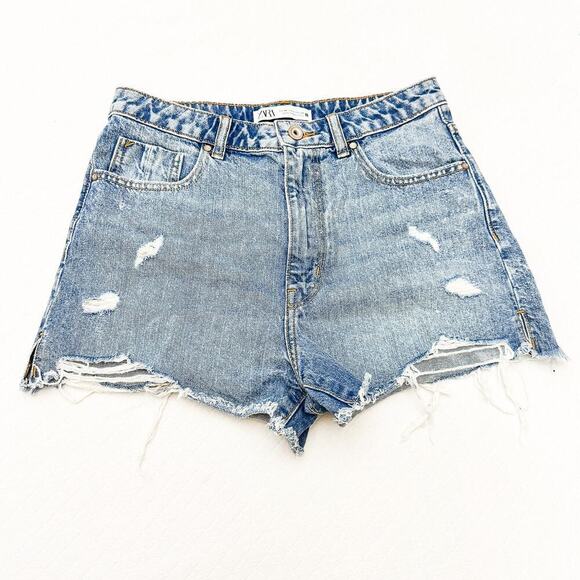 Zara Acid Wash Denim Cutoff Jeans Ripped Shorts Raw Hem Size 6 - Picture 1 of 6